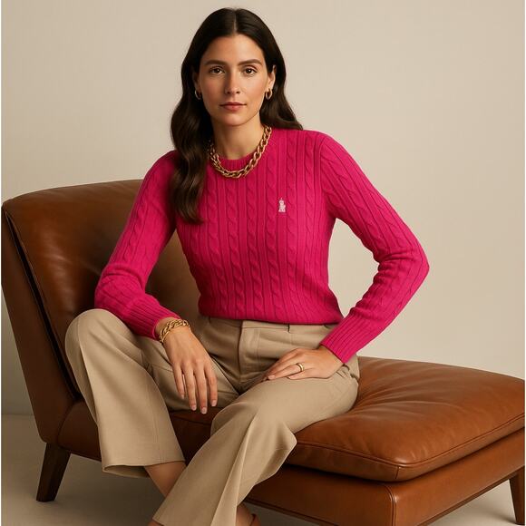 POLO RALPH LAUREN Cable Knit Cotton Crewneck Sweater Magenta Pink Sz XS NWT {U2} - Picture 1 of 6